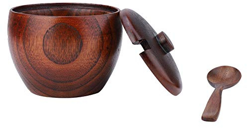 Regun 1 pieza de tarro de especias de madera maciza, olla de condimentos, azucarero, con cuchara y tapa, para utensilios de cocina(3,2 * 3,5 pulgadas)