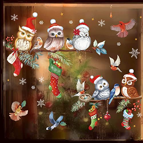 decalmile Christmas Owl on Pine Branch Window Clings Cardinal Birds Window Decals Reusable Electrostatic Stickers Window Glass Mirror Party Decoration