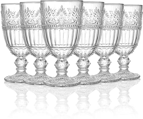 AVLA 6 Pack Glass Goblet, 12 OZ Vintage Wine Glassware, Romantic Wedding Glass Set, Drinking Stemware Beverage Cups for Party, Bar, Champagne, Juice, Beer, Cocktail, Embossed Design