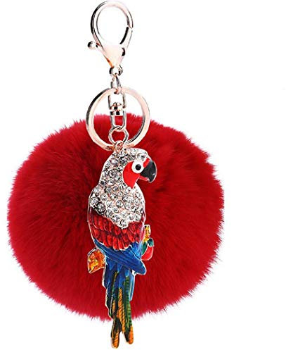 Canarea Taschenanhänger plüsch ball Schlüsselanhänger strass bommel Keychain,Glitzer Strass Bunt Vogel Tier Plüsch-Kugel Weich Pompom Schlüsselring Dekor Auto-Anhänger (Rot)