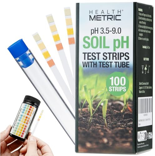 Health Metric PH Bodentest 3.5-9.0 mit Reagenzglas - Boden PH Wert messen - PH Bodenanalyse Set mit 100 Teststreifen - PH Bodentester für Garten Rasen - PH-Wert Boden Tester