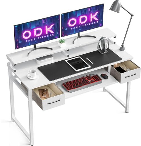 ODK Mesa Escritorio, Mesa Ordenador con Cajón Oficina con Soporte Monitor para Estudiantes y Trabajadores, Escritorios con Estante para Teclado para Dormitorio, Hogar, Oficina (120x48x90cm, White)