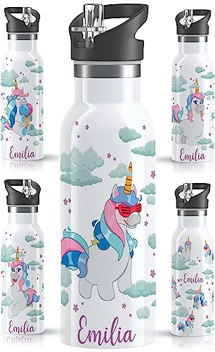 OWLBOOK® Kinder Edelstahl Trinkflasche mit Strohhalm 500 ml | Spülmaschinenfest & BPA Frei | Personalisierte Geschenke für Mädchen Einschulung Geburtstag Schulanfang Weihnachten | Cooles Einhorn