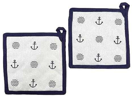 BUSDUGA 4354 2er Set Topflappen im maritimen Stil, 20x20cm, blau-weiß gestreift, wählbar zwischen Zwei Varianten (WEIß)