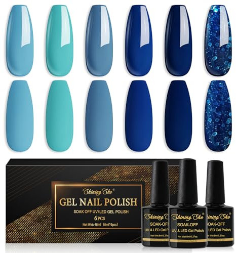 Shining She Gel Nail Polish Kit - 6 Colors Baby Blue, Cerulean, Navy, Glitter - Soak-Off UV/LED Polish for Nail Art Salon DIY Home, 8ML