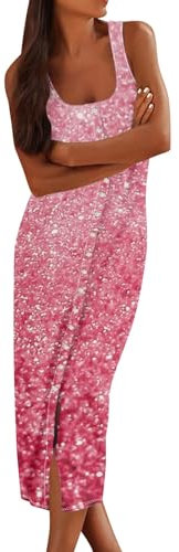 Saymany Rockabilly Kleid Sommerkleider Teenager Mädchen Sommer Leoparden Kleid Ballettkleidung Mädchen Kleid Ärmellos Baumwolle Abschlusskleid Sommer Kleid T-Shirt Kleid Damen（1-Pink,M