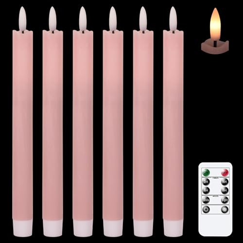 Eldnacele LED Stabkerzen mit Timerfunktion, flackernde Flamme Echtwachskerzen mit Fernbedienung, Rosa Stabkerzen led 6 Stück (2 x 25CM) für Weihnachtsdeko, Zimmer Deko, Hochzeit und Party