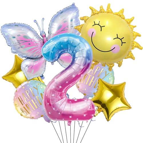 DazzJoy Sonne Schmetterlinge Deko 2. Geburtstag Mädchen, Folienballon Schmetterling Deko Luftballon 2 Geburtstag, Geburtstagsdeko Mädchen 2 Jahre, Kindergeburtstag Deko für Schmetterling Themen Party