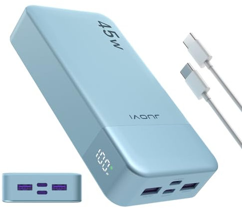JUOVI Power Bank 20000mAh, 45W Caricatore Portatile Ricarica Rapida, PD QC 4.0 Batteria Esterna 4 Porte, con Display LED, caricabatterie portatile per MacBook, iPhone 15 14 13 Pro Samsung (Blu)