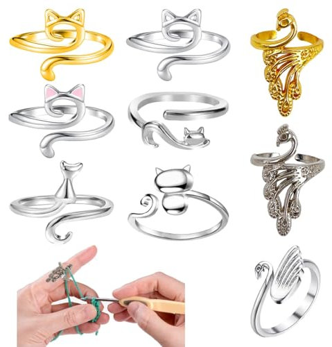 S.F.Pachira 9 Pcs Verstellbare Strick Häkelschlaufenringe, Metall Häkelring für Finger, häkelringe finger, Strick Fingerhut Zubehör für Häkeln Mutter Oma Schnelleres Stricken (9 Stile, Gold & Silber)