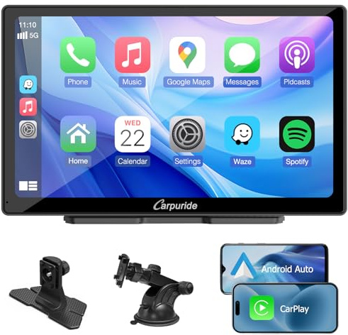 CARPURIDE C98 Kabelgebundenes/Kabelloses Carplay & Android Auto Tragbares Autoradio, 9-Zoll-HD-Touchscreen-Autoradio mit AirPlay Mirror Link, Bluetooth, Navigation, Siri, AUX, FM