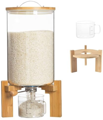MXHACD Reisspender Aus Glas, Mehl- Und Müslibehälter, Mit Luftdichtem Deckel Und Holzständer, Glasmessbecher, Für Die Küchenorganisation Und Speisekammer(Size:7.5L)