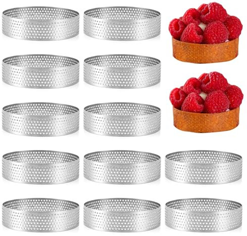 YAYODS 12 moldes para tarta de mousse, acero inoxidable, 8 cm, anillo para mousse de postre con agujeros, 2 cm de alto, 2 cm