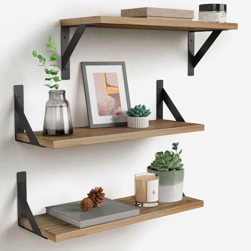 Yalixuan Floating Shelf Wooden Shelves, 3 Pack Floating Shelves Wood, Rustic Shelves for Wall, Small Shelf Oak Shelves for Bedroom, Kitchen, Nursery, Bathroom, Living Room, Home Office, Laundry room