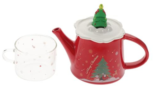 OFFSCH Teiera Natalizia in Ceramica Con Tazza Sovrapponibile Manico Laterale Ergonomico Design Retrò Tema Albero Di Natale Per Casa e Ufficio
