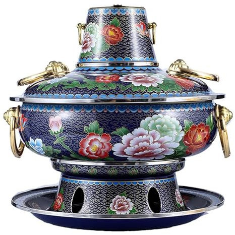 NIBHZ Cloisonne-Einzeltopf Kleiner Eintopf Traditioneller Chinesischer Eintopf Aus Reinem Kupfer Aus Peking Retro-Hammel-Eintopf Kleiner Kupfertopf t für Familienfeiern Zu Hause,Blau,34cm