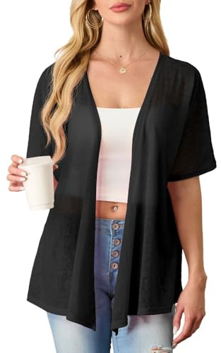 PrinStory Cárdigan ligero de verano para mujer, manga corta/larga, punto frontal, cuello en V, parte superior abierta
