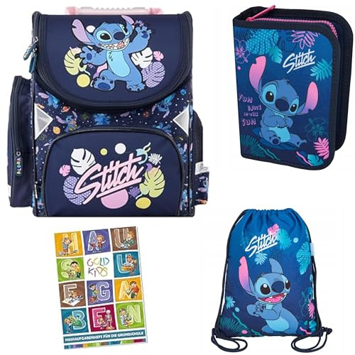 PASO - Schulranzen für Jungen und Mädchen - Schul-Rucksack für Kinder mit Federmäppchen - Schuhbeutel und Hausaufgabenheft - Lilo und Stitch Motiv - 1-3 Klasse