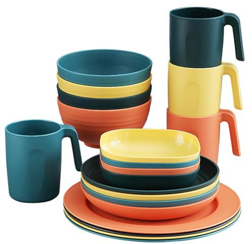 BSTMOME 20PCS Plastic Dinnerware Sets, Unbreakable and Reusable Light Weight Plates Mugs Bowls Dishes Easy to Clean, Great for Home, Garden, Picnic, Camping, Outdoor (4 Colors)