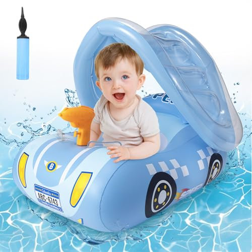 Shyllin Salvagente per bambini, Salvagente Neonato con Tettuccio Parasole, Salvagente Neonato con Volante, Salvagente Macchinina, Salvagente con Pompa per Bambini 6-36 mesi (Blue)