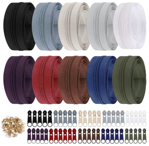 Cerniere Lampo a Metro, 10 pezzi #5 Cerniera Lampo Lunga 30 M Cerniere per Tessuti in Nylon con 50 Cursori per Cerniera, 100 pezzi Finale, per Giubbotti Abbigliamento Borse Astucci Biancheria da Letto