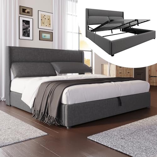 Dolamaní Boxspringbett Doppelbett 180x200 cm, Polsterbett mit Verstellbare Kopfstützen,Hydraulisches Bettgestell mit Stauraum, Bett mit Metall- Lattenrost, Leinen Ohne Matratze (Grau)