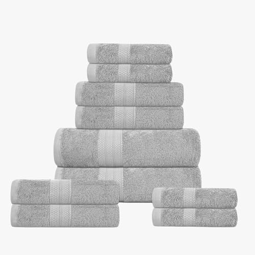 DreamNights 10 Piece Towel Set - 2 Bath Towels, 4 Hand Towels, 4 Washcloths and 2 Free Extra Mitt gloves 100% Cotton Hotel Quality Super Soft and Highly Absorbent (Silver)