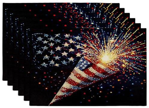 Set di 6 tovagliette con bandiera americana, motivo fuochi d'artificio del quarto luglio, tovagliette decorative patriottiche nere per tavolo da pranzo, antiscivolo, lavabili, per interni ed esterni