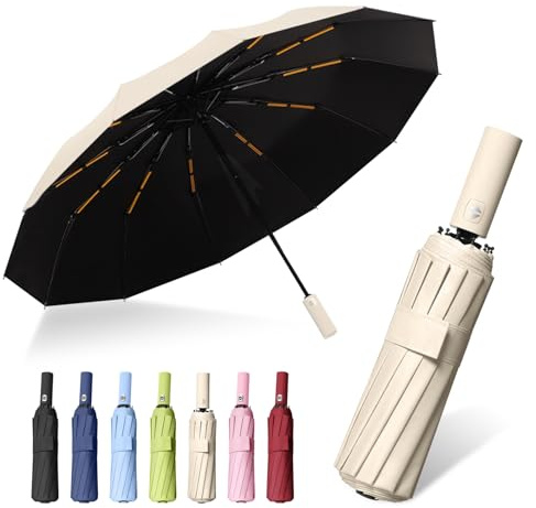 FANSEZQ Automatikschirm, Regenschirm Knirps, Regenschirm, Sturmfest, Winddicht & Wasserabweisend, 24 Rippen Uv-Schirm Für Damen Und Herren (Beige)