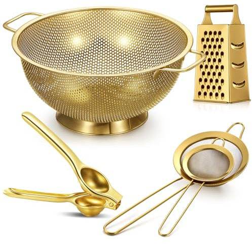Sawysine 5 Pcs Gold Kitchen Appliances Includes 4 Quart Gold Colander and 2 Pcs Strainer Set, Lemon Squeezer, Stainless Steel 4 Sides Grater Slicer with Handle for Kitchen