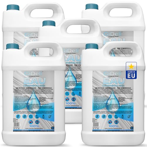 GiDeli Destilliertes Wasser 5 x 5 L Kanister - Vollentsalzt - Für Werkstatt | tragbare Einheiten für getrennte Stellplätze, kalkfrei für Dampfgerät, Aquarium und Kühlsystem, Griff zum Ausgießen