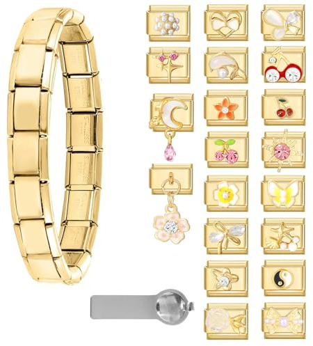 ITingstere Italian Charms Bracelet Sets with 1Pcs Gold Brascelet 22Pcs Charms 9mm Italian Modular Charm Bracelet DIY Module Jewelry Gifts