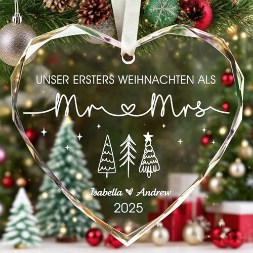 Personalisierte Weihnachtskugel 2025 Herzform aus Glas, Weihnachtsdeko Baumschmuck für Paare, Individuelle Gravur mit Namen & Datum, Geschenk für Paare Weihnachten Hochzeit Jubiläum