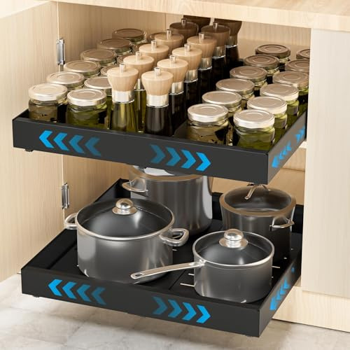 SeiriHelper 2 Stück Teleskopschublade Ausziehbare Küche Schublade, Auszug Nachrüsten Schubladeneinsatz, Küchen und Schrankorganizer mit Klebestreifen(2, Schwarz, 13-20 W x 17 T)