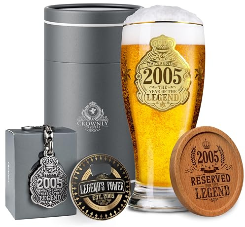 CROWNLY CRYSTAL® 2005 Regalo Uomo 21 Anni Bicchiere Birra 570 ml Personalizzato Compleanno Idea Regalo Per Lui Originale