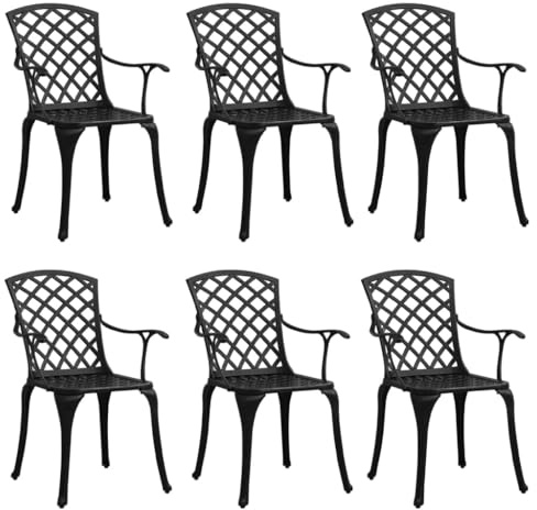 Mokuyary Trädgårdsstolar, set med 6 gjuten aluminium, svart balkongstol, terrassstolar, matstolar för terrass, trädgård, balkong