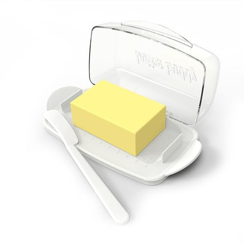 Flip-top Butter Dishes, 250g Capacity, Comes with lid and Knife Set. Suitable for Most European Butters, extends butter's Shelf Life. Suitable for countertops or refrigerators (White transparent cover