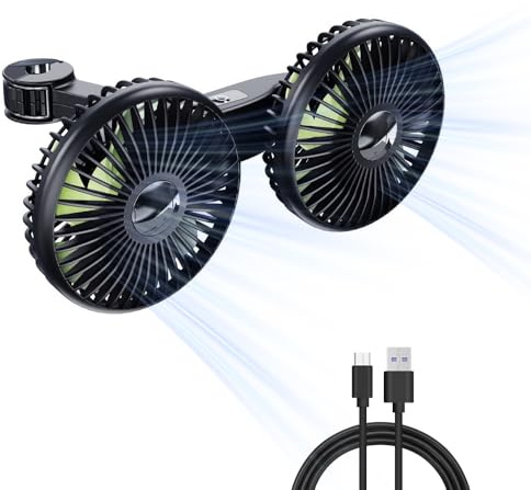 Nzkeuf Car Fan for Backseat, Double-Head Car Cooling Fan with 3 Speeds for Kids Baby Dog, 360° Rotating USB Cars Seat Fans for SUV, RV, Truck