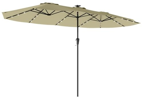 Outsunny Sombrilla Doble con 36 Luces LED Solares, 4x2 m, Sombrilla Terraza Exterior con Manivela, UPF50+, 12 Varillas, Resistente al Agua, Parasol para Jardín, Terraza, Patio, Beige