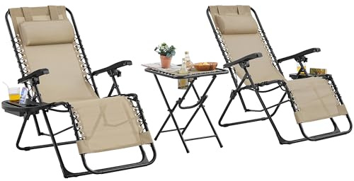 Soberine Set da 2 Sedie a Sdraio Pieghevoli, Poltrone a Gravità Zero, Lettini Prendisole, e Tavolino con Portabicchieri, con Poggiatesta, Portabicchieri, Schienale Regolabile Beige