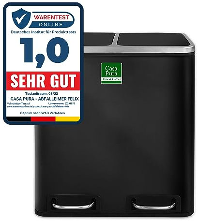 casa pura Mülleimer mit 2 Fächern - 2 x 15 Liter, herausnehmbare Inneneimer mit Henkel, Deckel mit Schließdämpfer - Mülltrennsystem, Abfalleimer für Küche & Büro (Felix, 30 L - Schwarz)