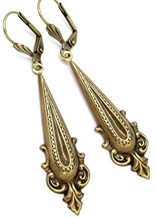 Art Deco Nouveau Design Chandelier Earrings Antiqued Gold-tone Wedding Gift Prom