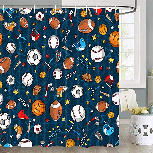 JAWO Sports Shower Curtain for Kids Children Teens, Basketball Football Baseball Hockey Star Blue Shower Curtain Sports Bathroom Decor, Fabric Baseball Shower Curtain Set with Hooks (72X72), Blue
