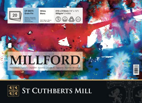 St Cuthberts Mill Millford – Block mit 20 Blatt Aquarellpapier, feine Körnung, 41 x 21 cm, 300 g/m², Weiß