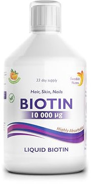 Swedish Nutra - Biotin 10,000 UG Liquid Supplement - Pack of 500 ml, 33 Day Supply | Plus Vitamin C for Healthy Hair, Skin & Nails | Vegan & Gluten Free | 100% Natural Orange Flavour