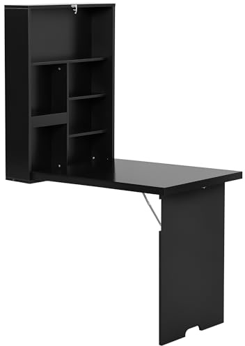 HOMCOM Vikbart väggskrivbord fällbart väggbord hängande på stativ hylla + integrerad kritbräda MDF svart, arbete, samtida, 60 x 94 x 147 cm