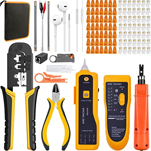 MAYLINEE Pelacables Alicate de Corte Kit RJ45 CAT6 de Herramientas de Comprobador Cable de Red CAT7 CAT5 Crimpadora de cables, Juego de Cortadores Mantenimiento, 50 Conectores(Naranja)