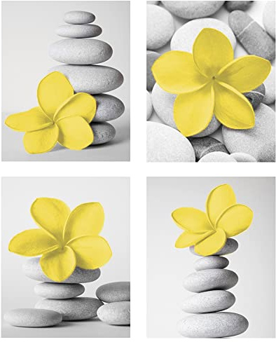 Genius Decor - Zen Art Prints for Bathroom Yellow Gray Wall Art Flower and Pebble Stone Picture Bedroom Spa Art Canvas Prints, Unframed 8x10 set of 4 (Yellow, 8x10)