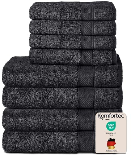 Komfortec 8er Handtücher Set, 4 Badetücher 70x140 cm & 4 Handtücher 50x100 cm, 100% Baumwolle Frottee, Flauschig und Saugstark,Schwarz