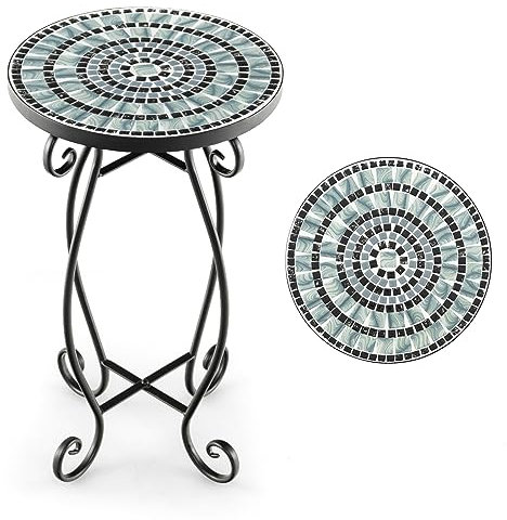 HOMASIS Tavolino da Giardino Piccolo, Tavolino da Caffè in Metallo, Tavolo Rotondo, Sgabello per Piante con Motivo a Mosaico, Tavolino da Balcone, Patio, Terrazzo, 30 x 50 cm (nero e grigio)
